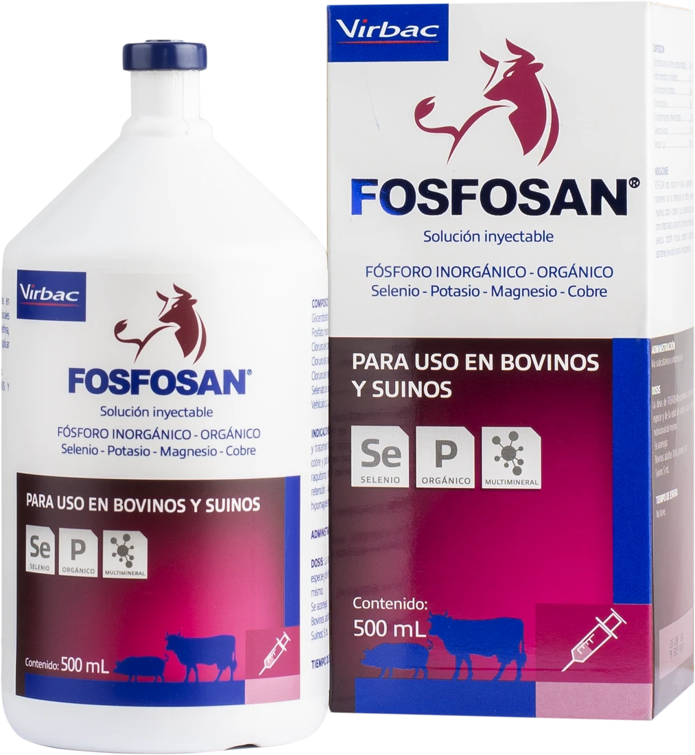 Fosfosan, multimineral inyectable de Virbac: frasco y caja de 500 mL